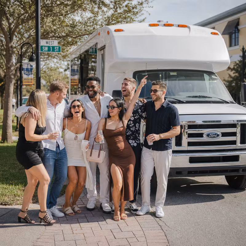 Black Mercedes Sprinter van staged for an Davie Bachelor & Bachelorette Transportation group