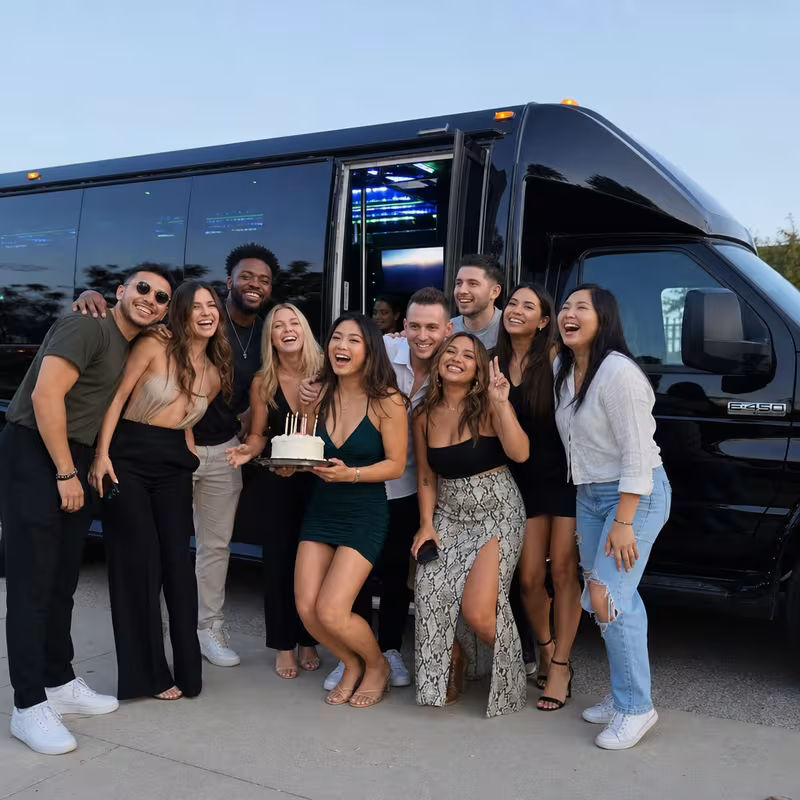 Group boarding a white charter bus for Birthday Transportation transportation in Davie