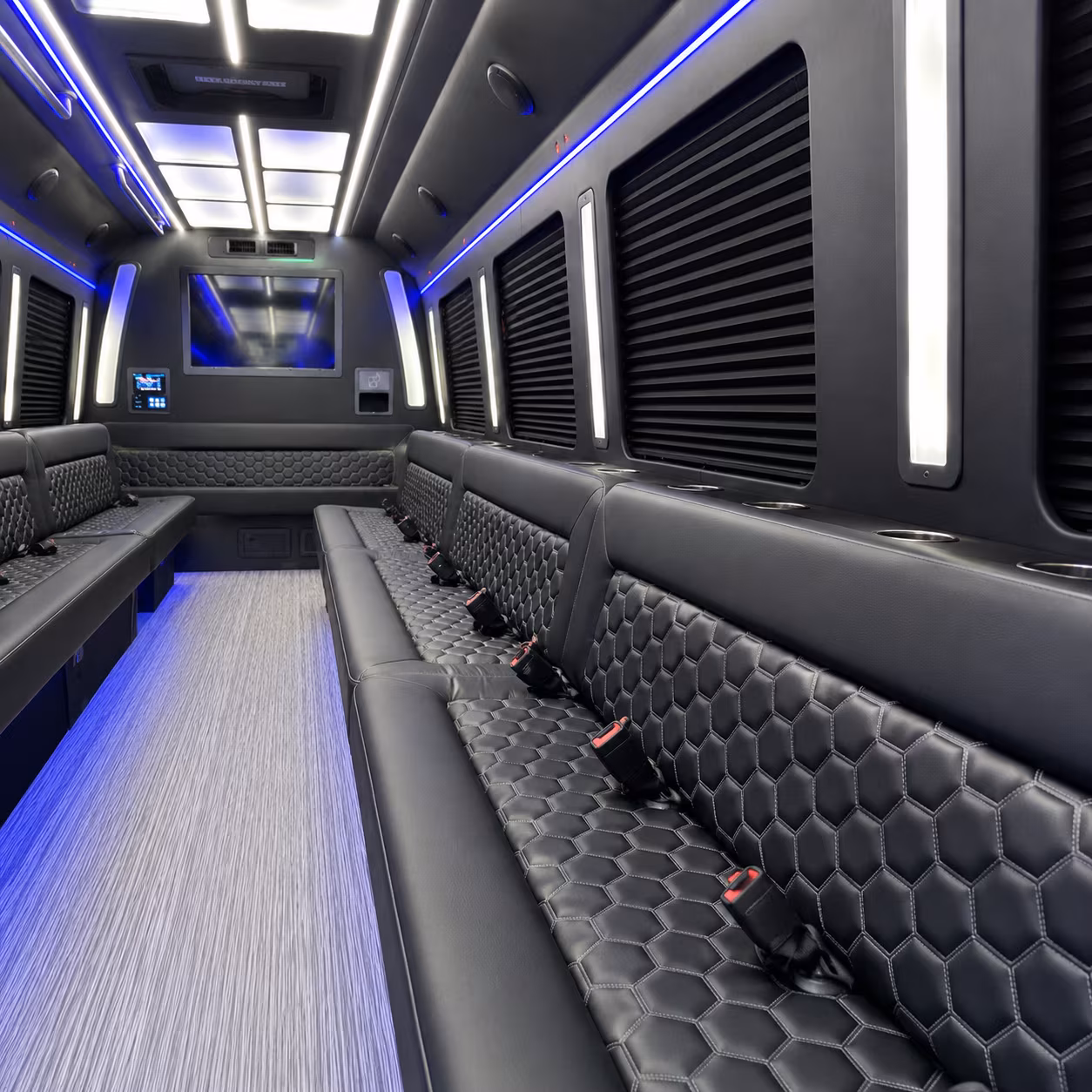 Passenger seating aboard a party bus rental serving Davie