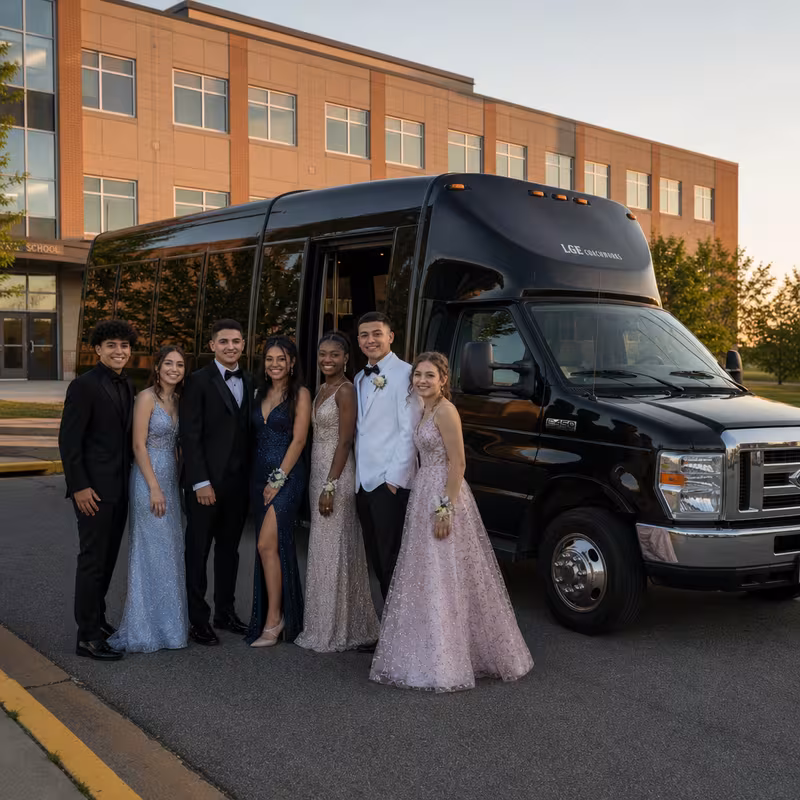 Group boarding a white charter bus for Prom & Homecoming Transportation transportation in Davie